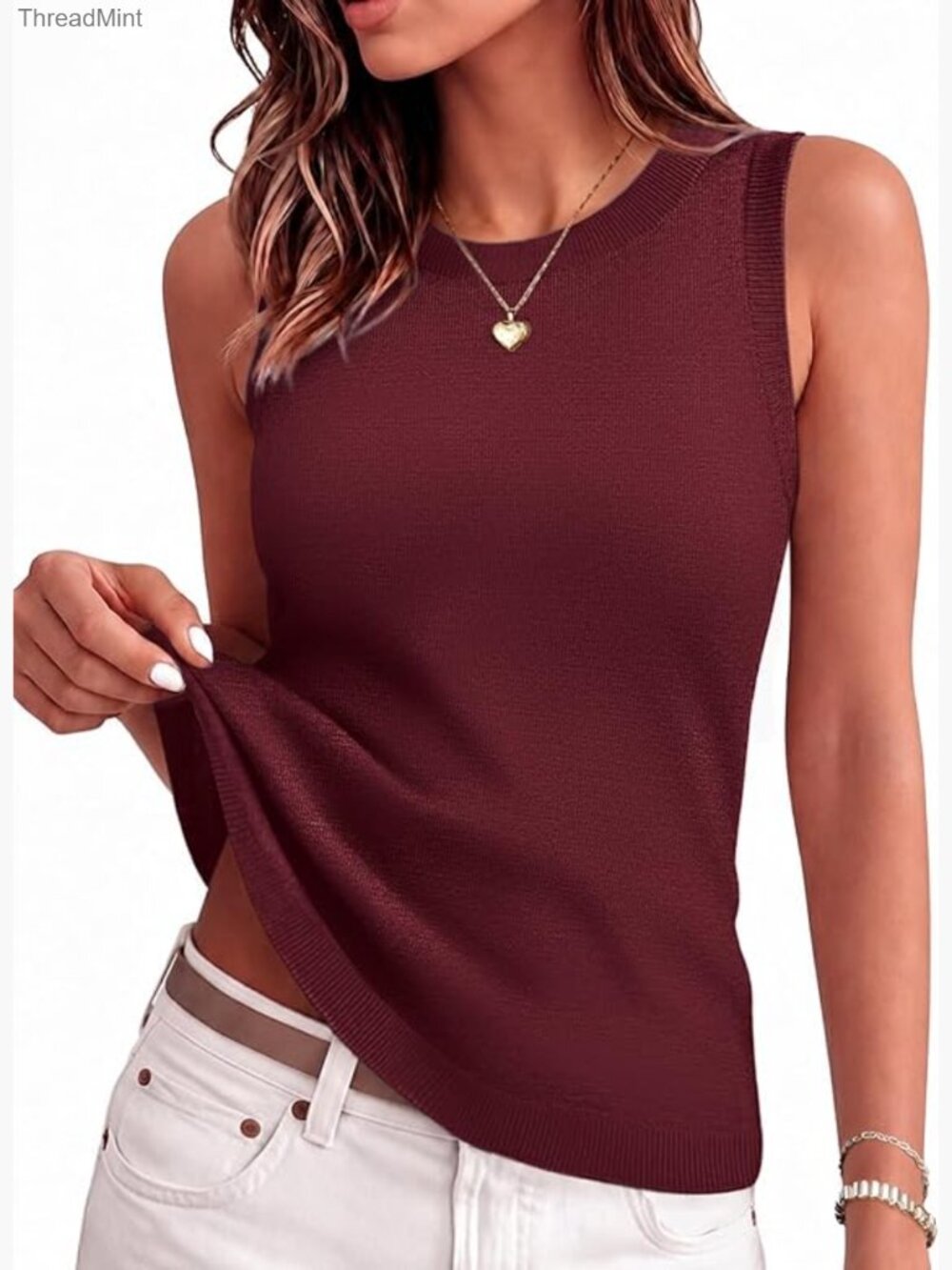 Sleeveless Ribbed Knit Tank Top Crew Neck Summer Business Casual Top